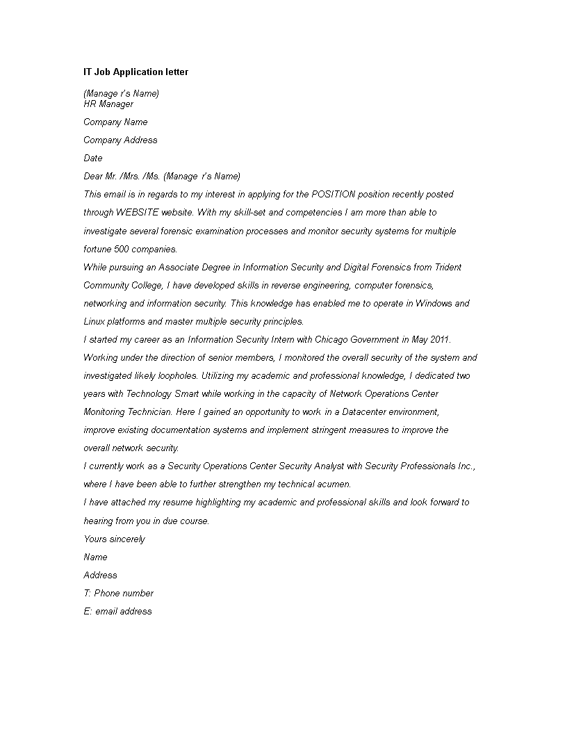 it job application letter example template