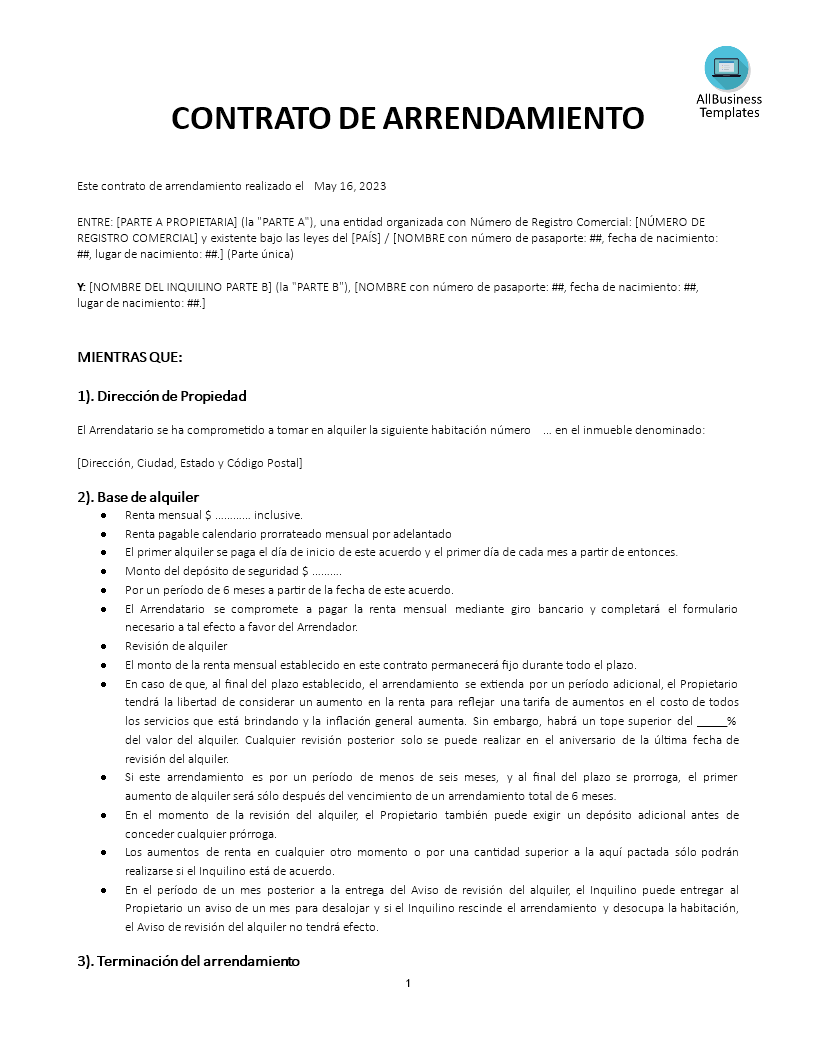 contrato de arrendamiento modèles