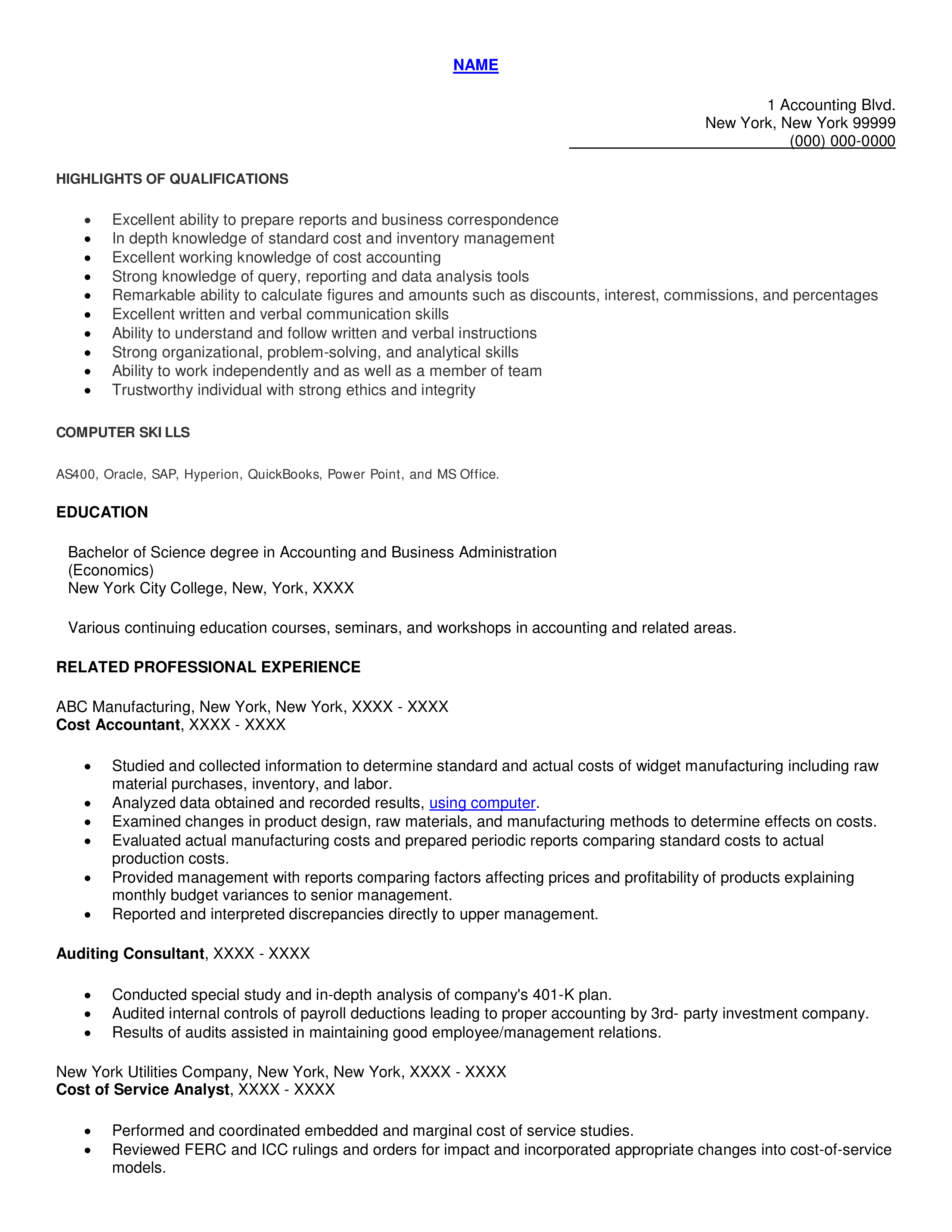sample professional resume for cost accountant voorbeeld afbeelding 