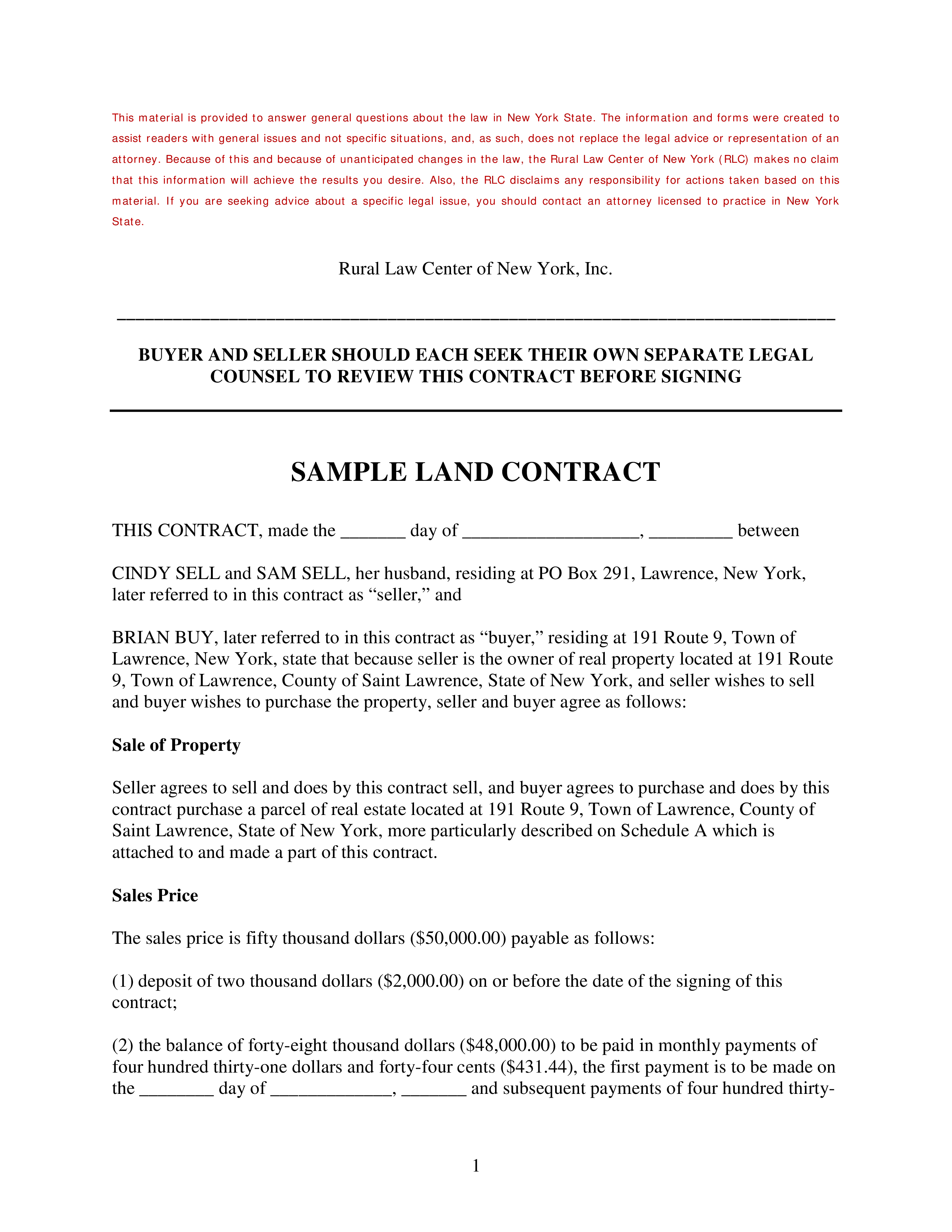 land sale contract form modèles