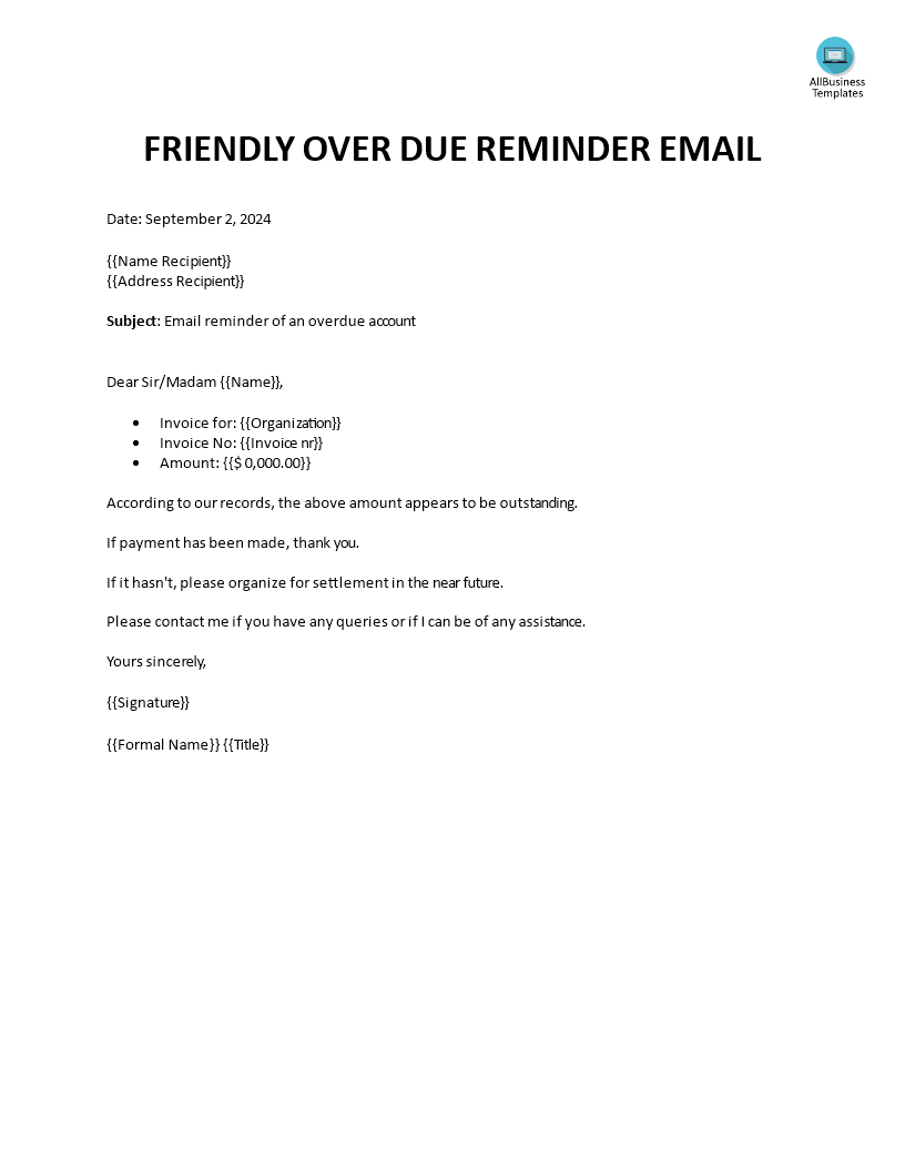 Friendly Over Due Reminder Email | Templates at allbusinesstemplates.com