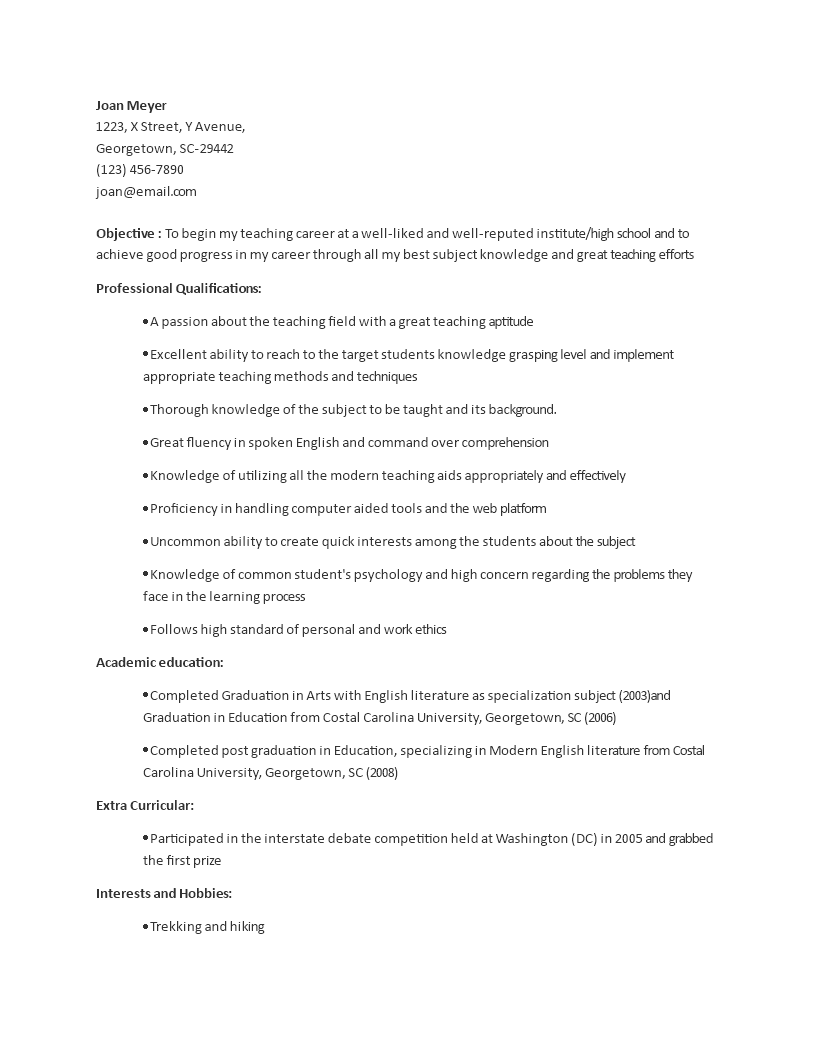 Entry Level Fresher Teacher Resume 模板