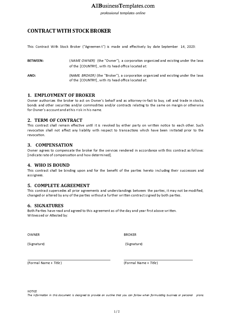 contract with stock broker voorbeeld afbeelding 