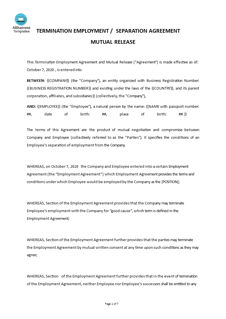 company employment separation agreement template