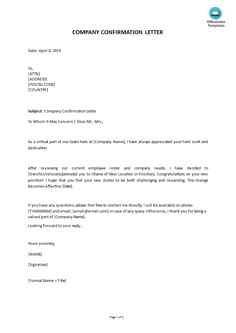 Confirmation Letter Template Word Free Download