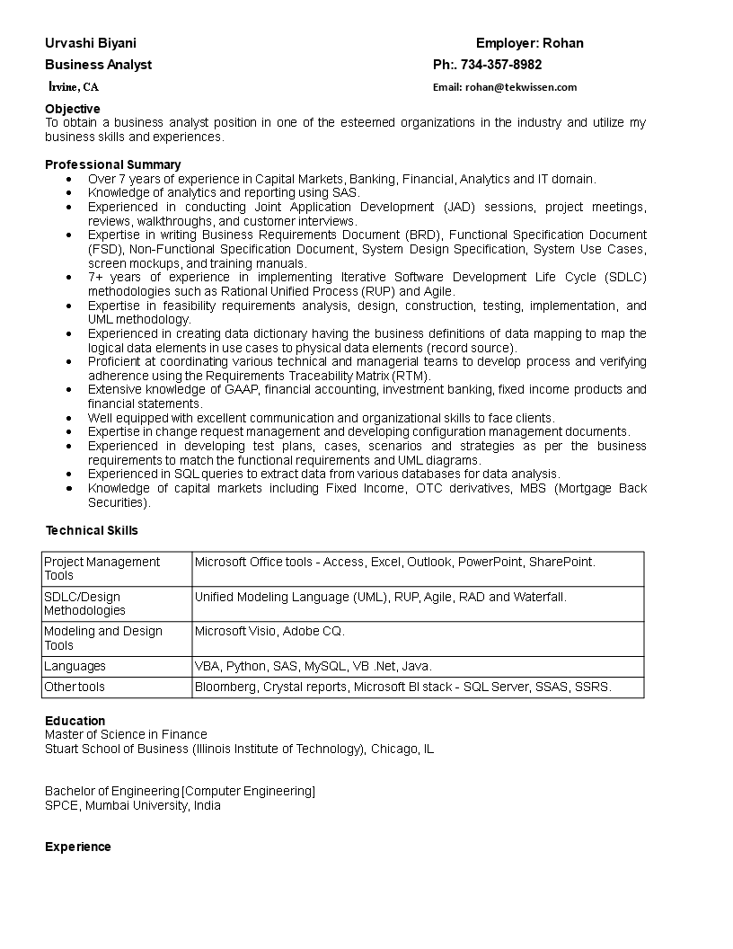 Business Analyst Resume Format  Templates at For Business Analyst Documents Templates