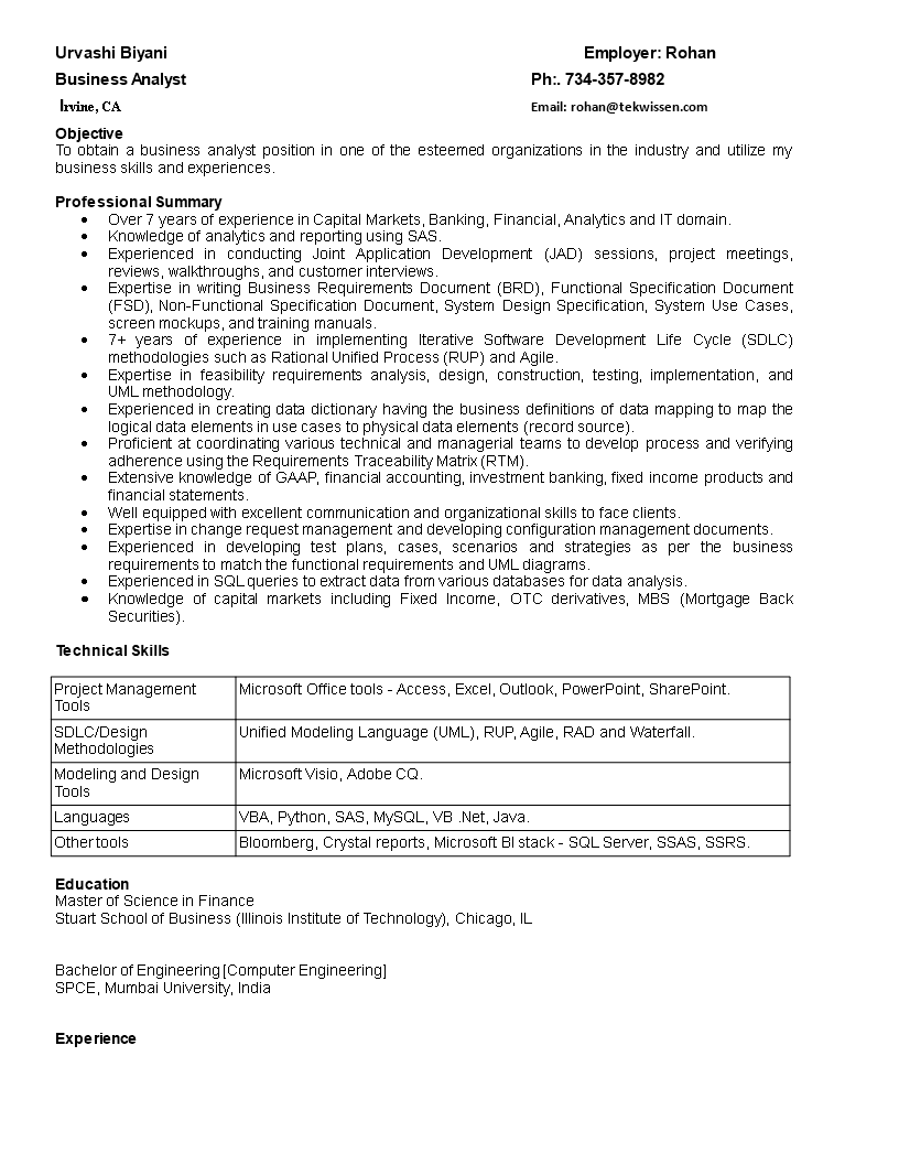 business analyst resume format modèles