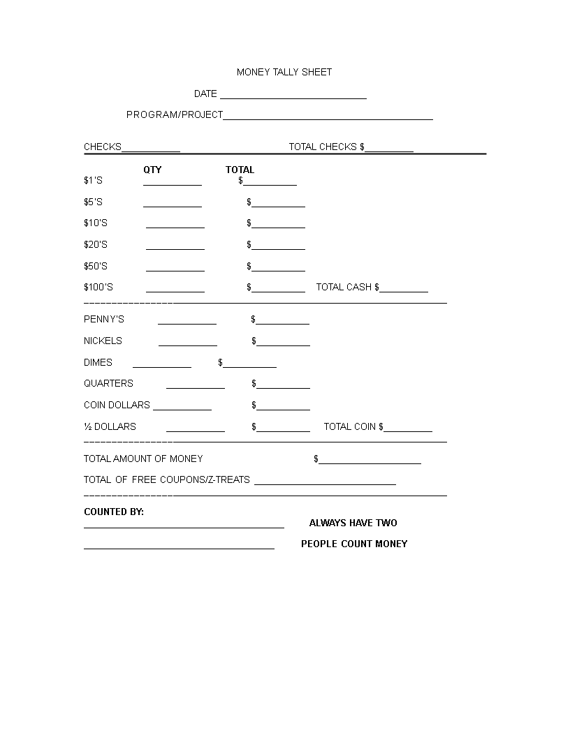 Money Tally Sheet 模板