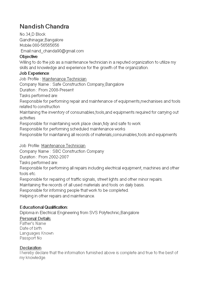 maintenance technician resume voorbeeld afbeelding 