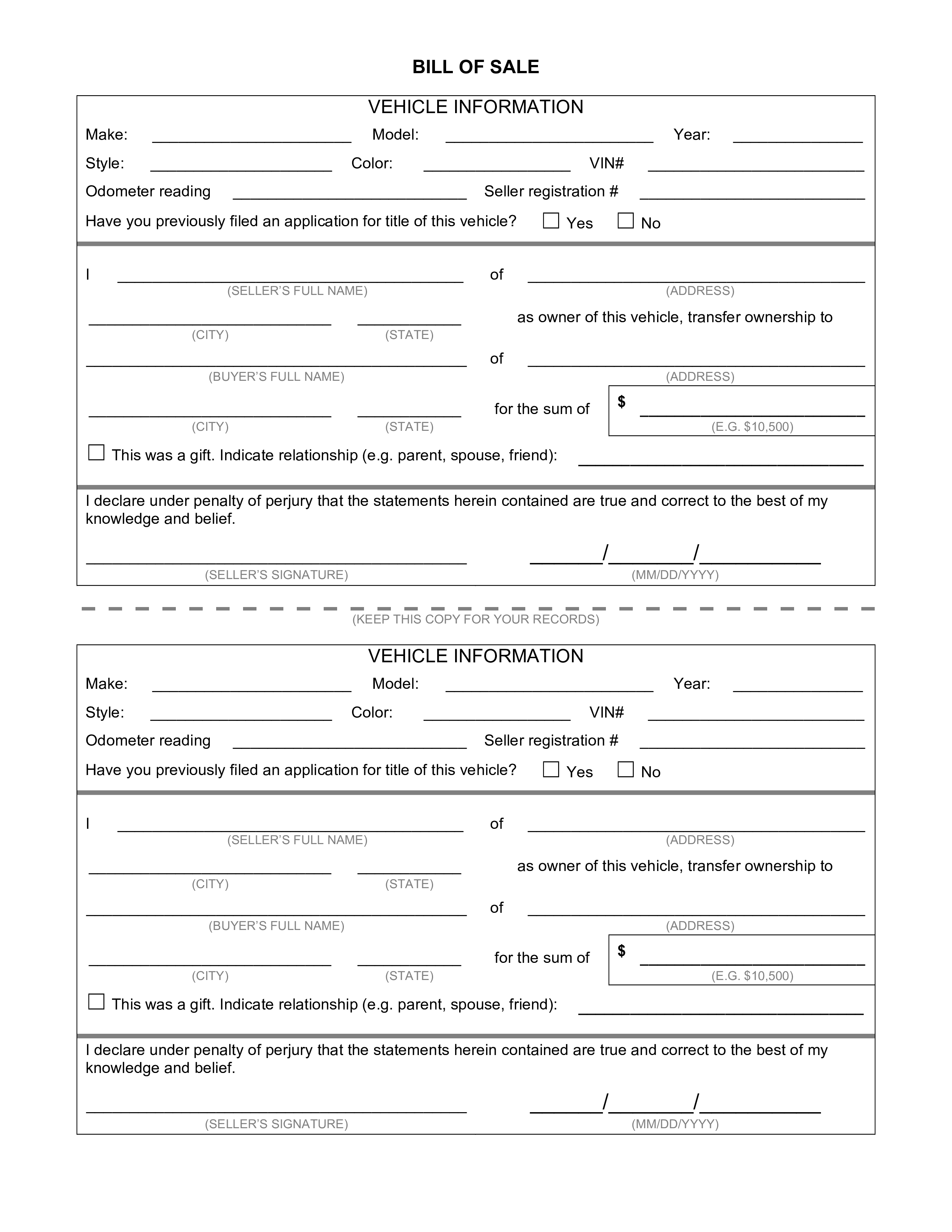 Basic Motorcycle Bill Of Sale Templates at