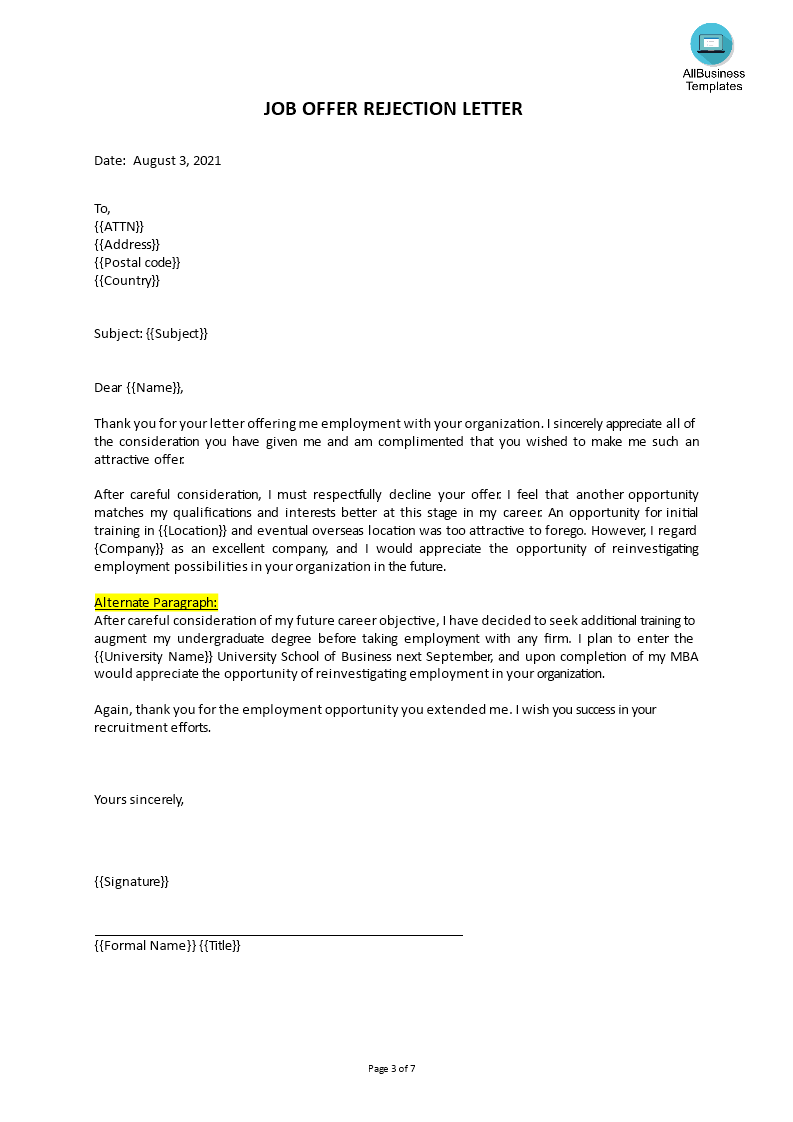 job offer rejection voorbeeld afbeelding 