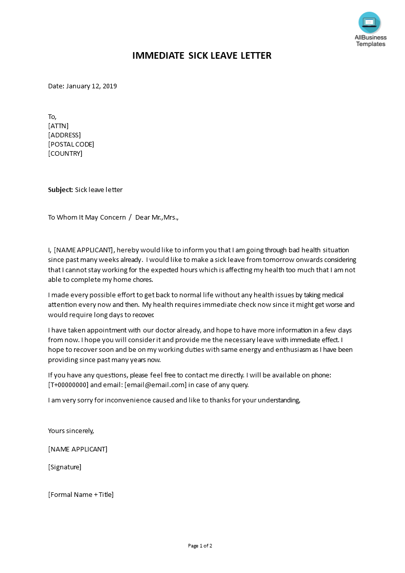Sick Leave Letter with immediate effect Templates at