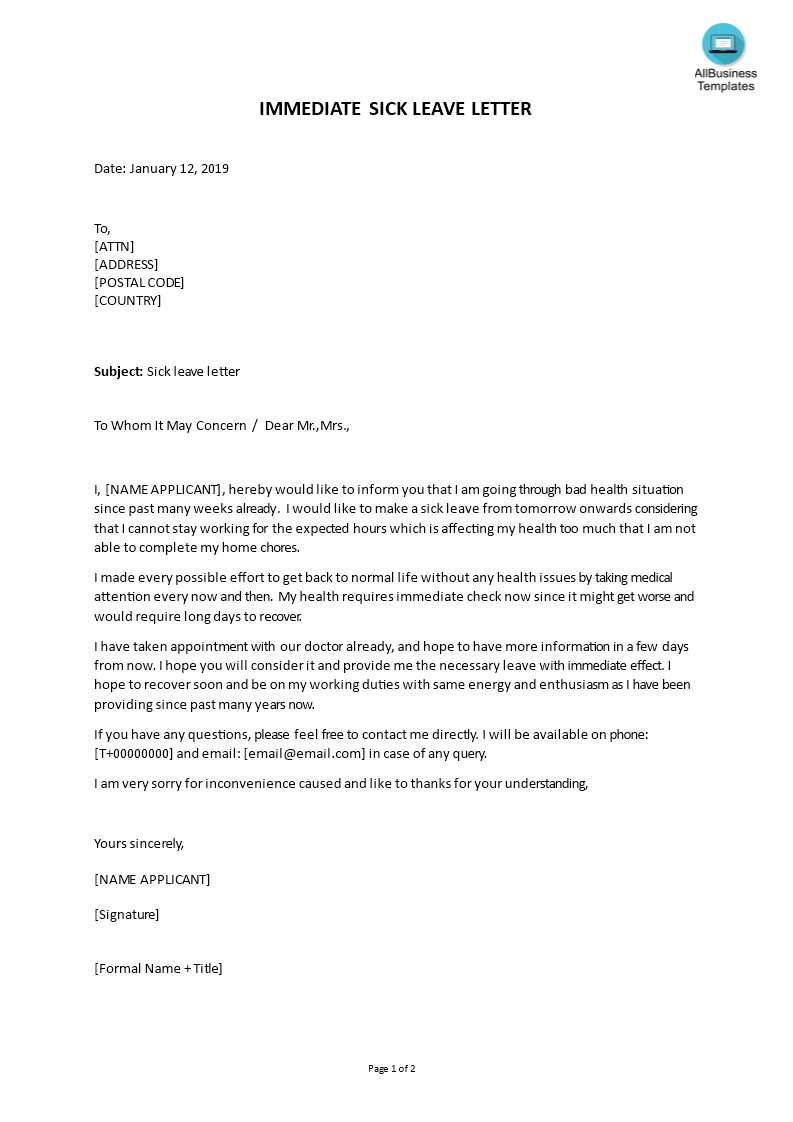 Sick Leave Letter with immediate effect  Templates at