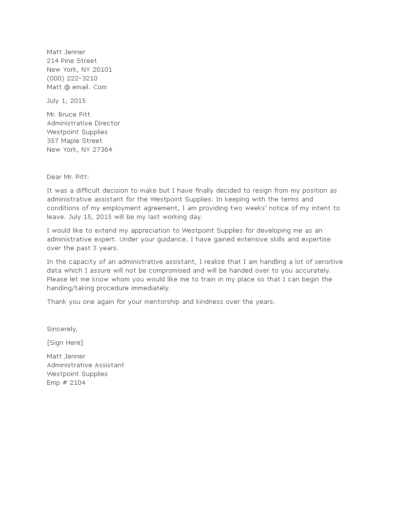 corporate office assistant resignation letter template