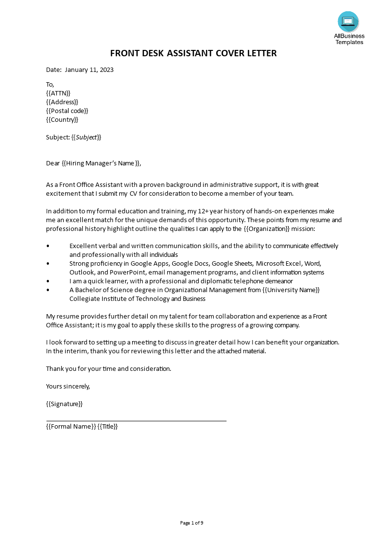 Front Desk Receptionist Job Application Letter Templates at