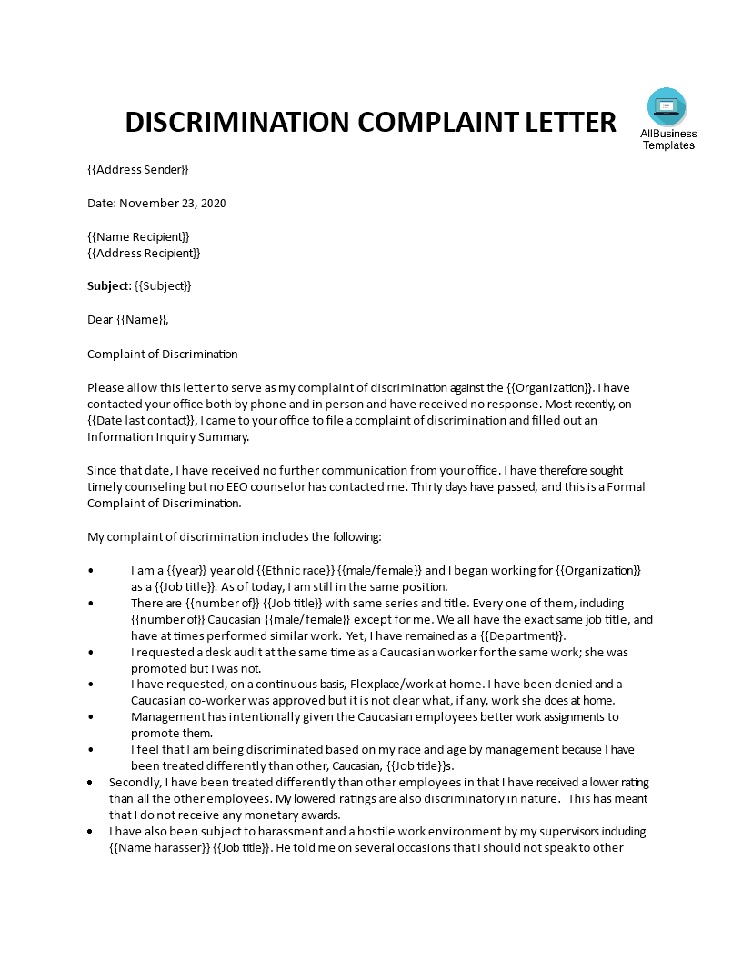 Kostenloses Formal Employee Discrimination Complaint Letter Throughout Formal Letter Of Complaint To Employer Template