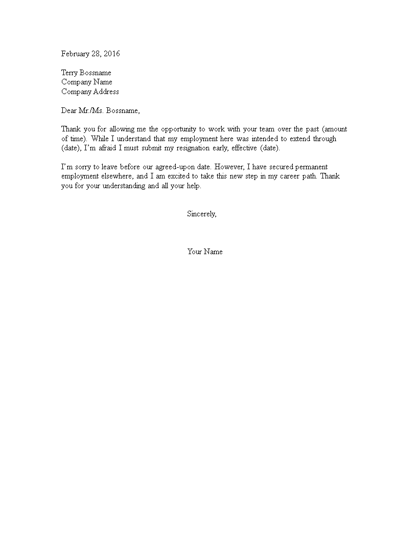 temporary resignation letter template