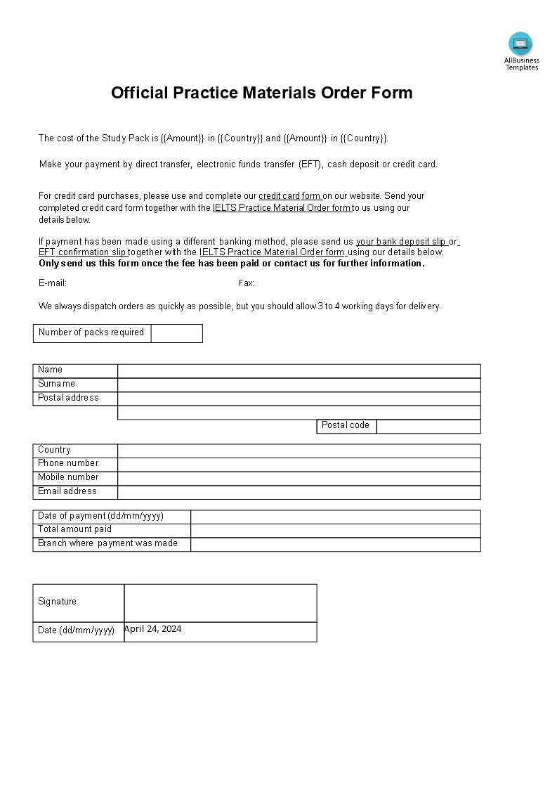 ielts practice material order form modèles