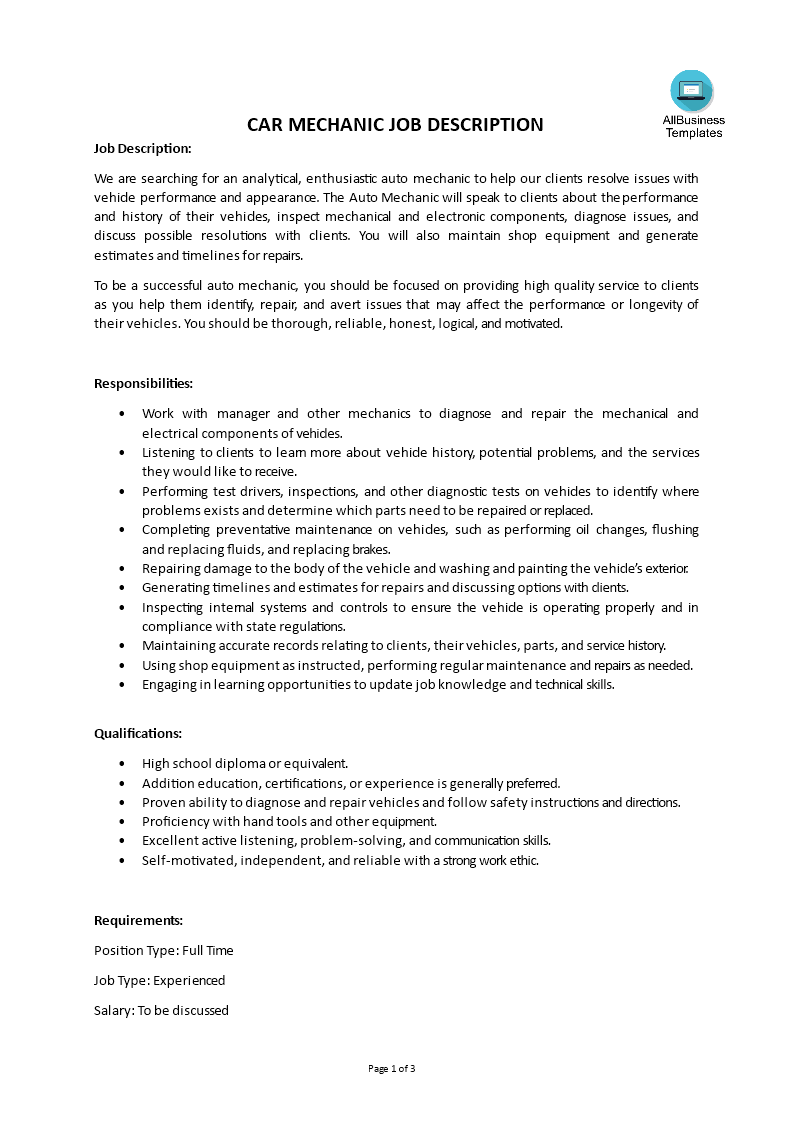 car mechanic job description plantilla imagen principal