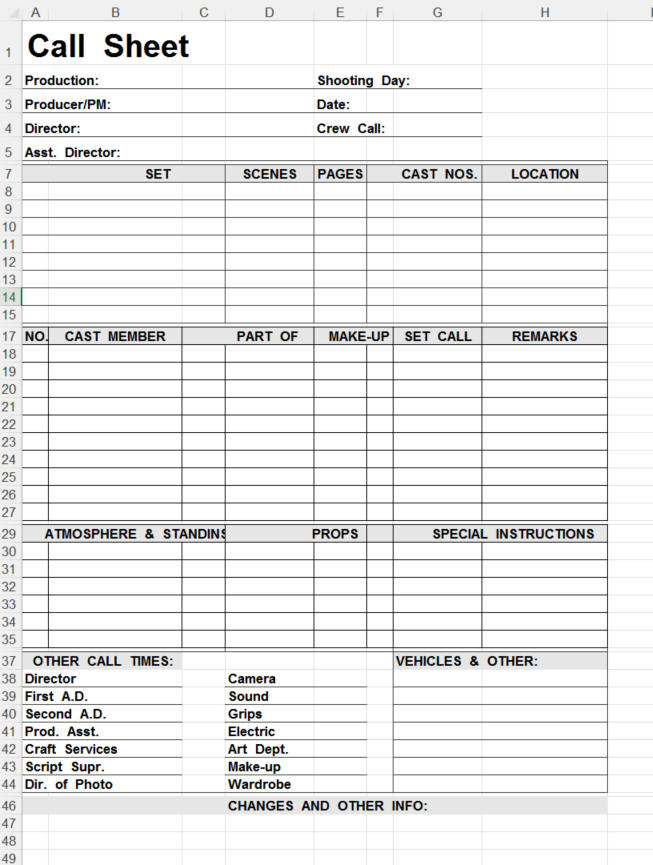 Actor Call Sheet 模板