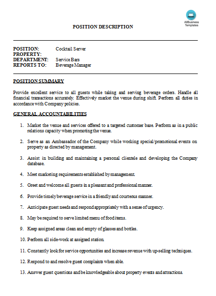 cocktail server job description word template