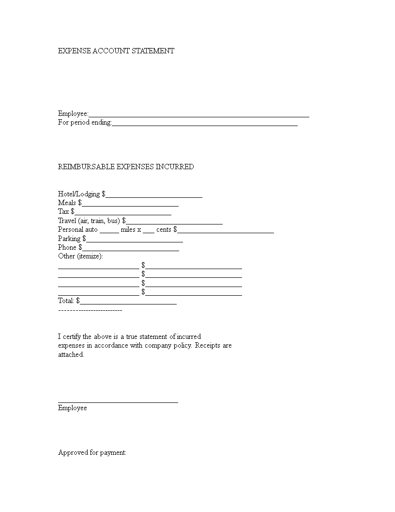 expense account statement form voorbeeld afbeelding 