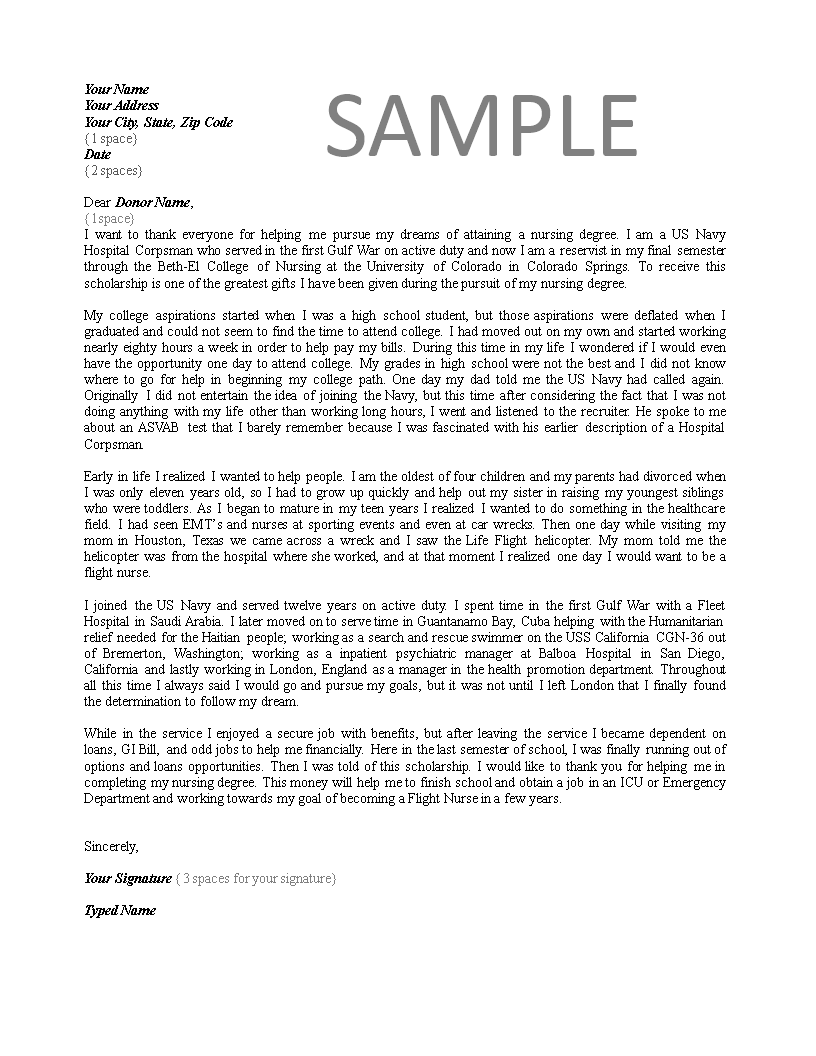 hospital nursing scholarship thank you letter template