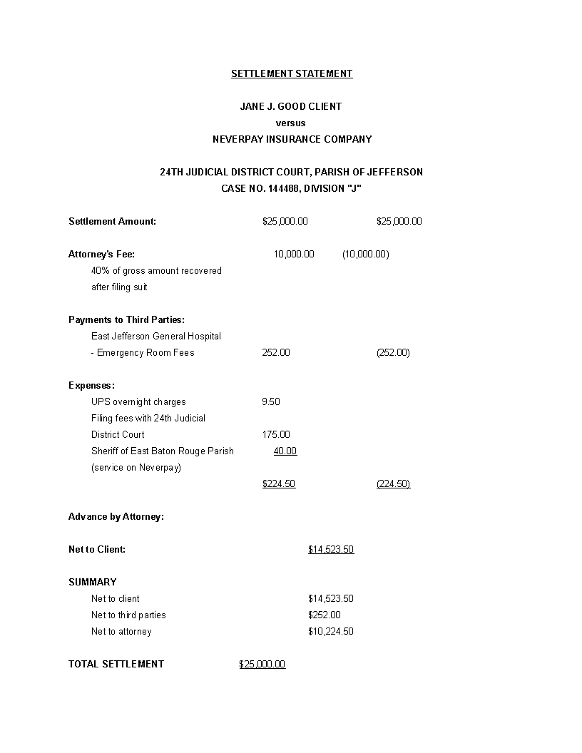 attorney settlement statement template