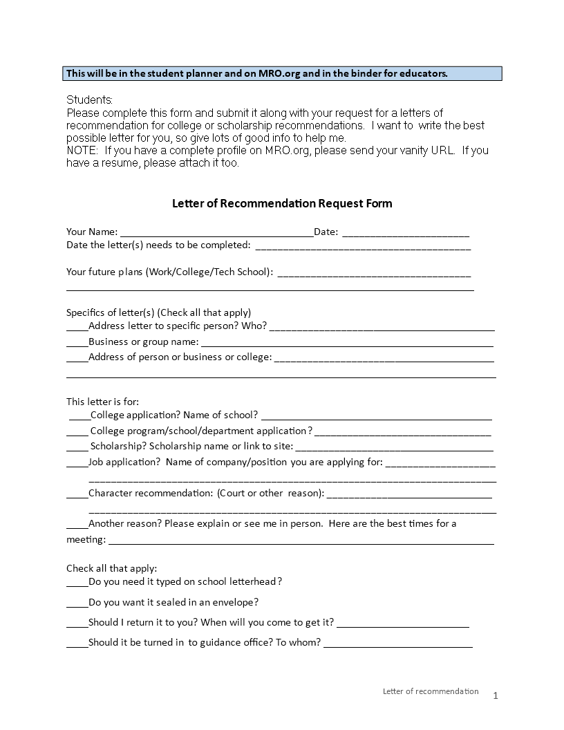 Letter Of Recommendation Request Form School main image