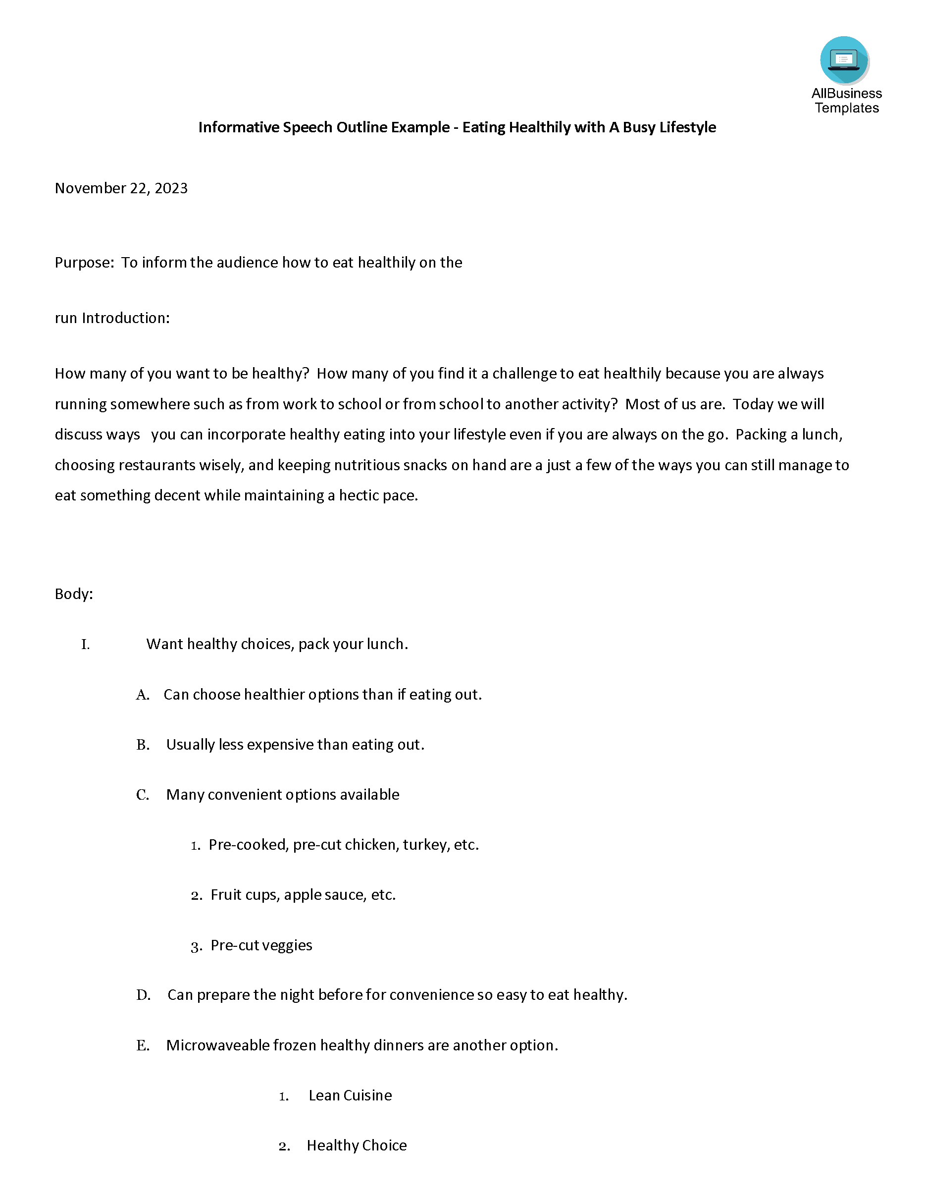 Informative Speech Outline example  Templates at