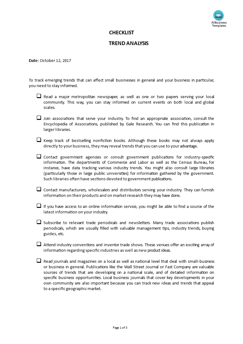 Market Analysis Checklist Trend Analysis 模板