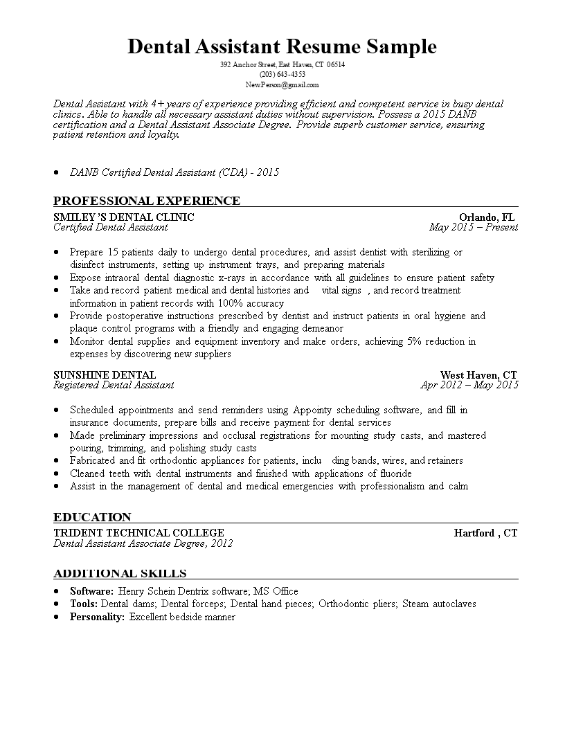 免费dental Assistant Resume Sample 样本文件在