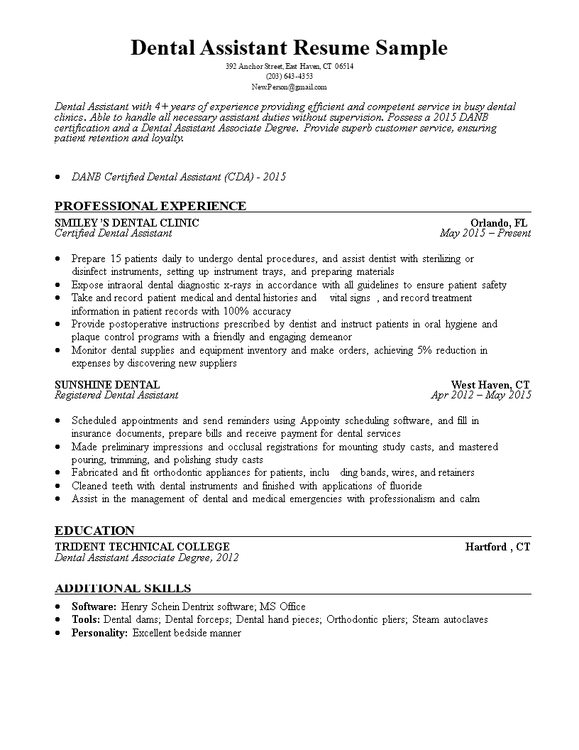 Dental Assistant Resume Sample Templates At Allbusinesstemplates