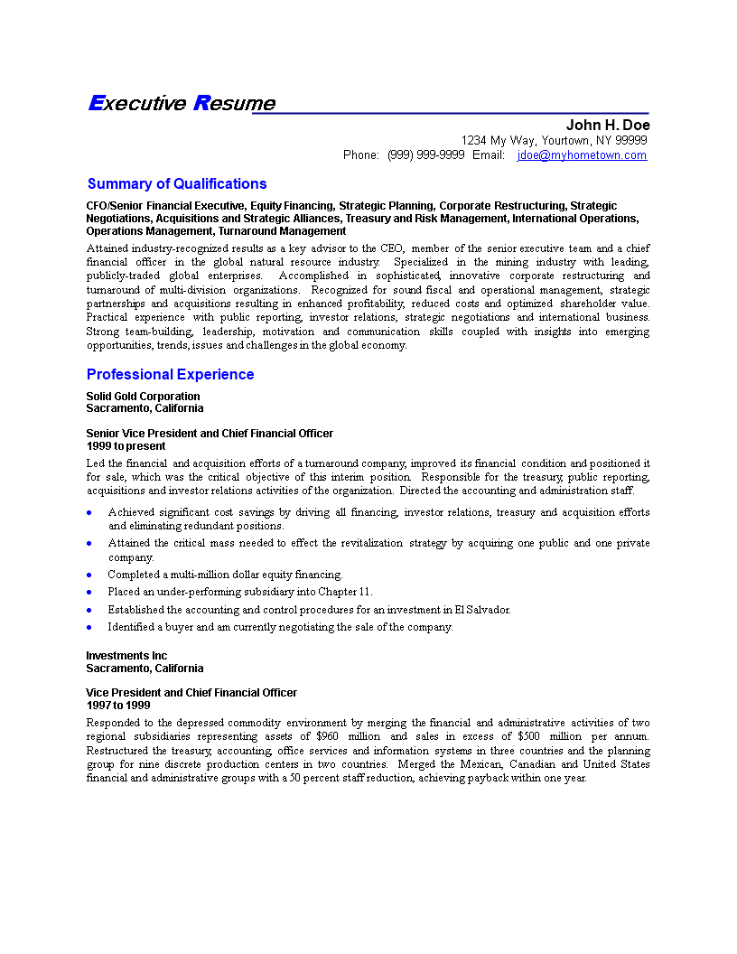 senior finance executive resume template