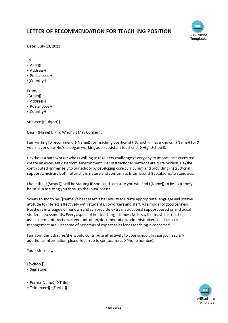 professional letter of recommendation for a teacher template