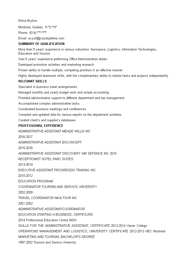 administrative assistant executive resume plantilla imagen principal