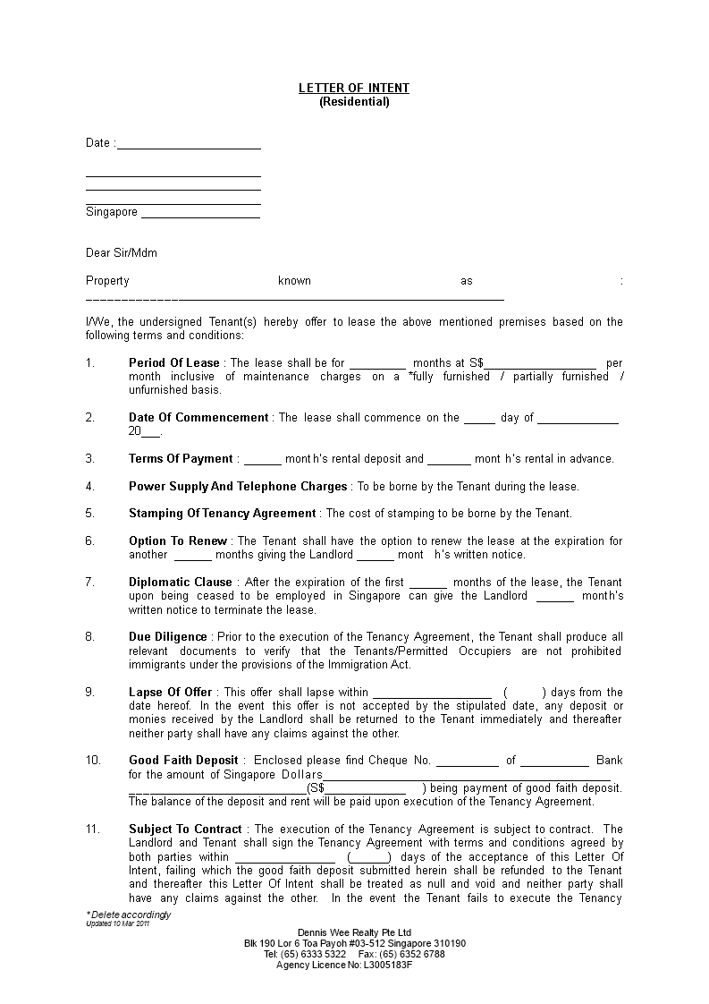 residential real estate letter of intent template