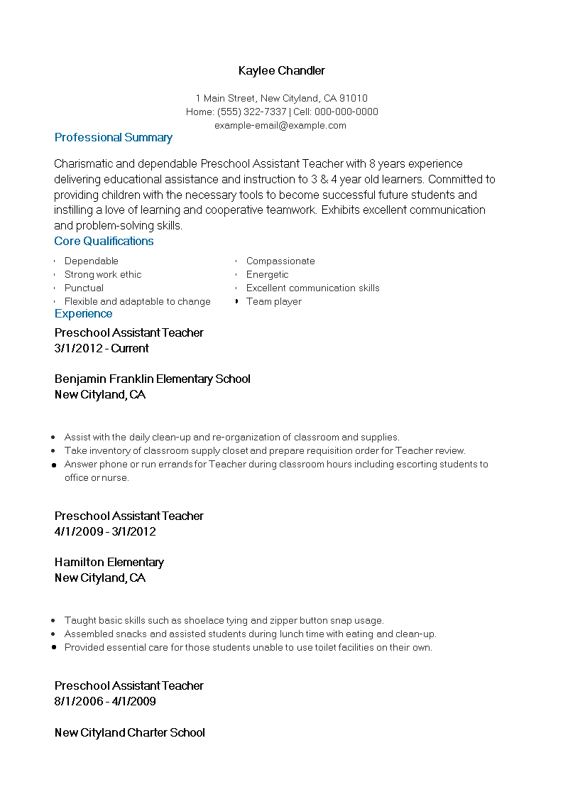 preschool assistant teacher resume modèles