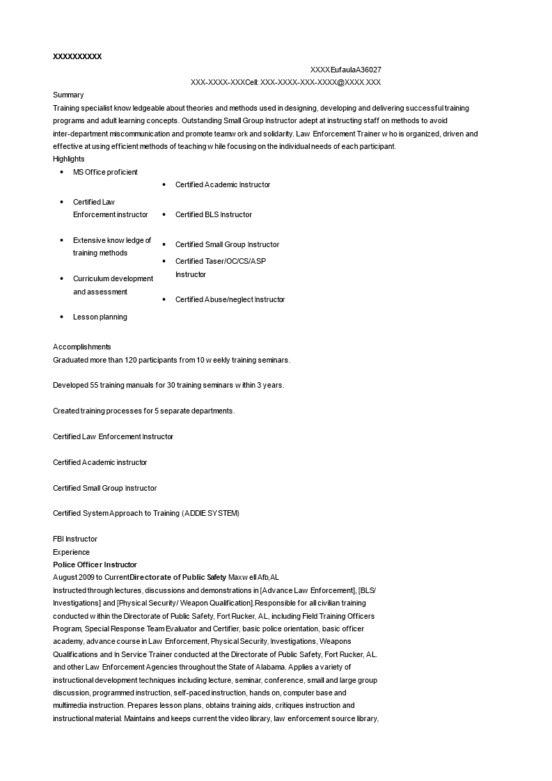 police officer instructor resume Hauptschablonenbild