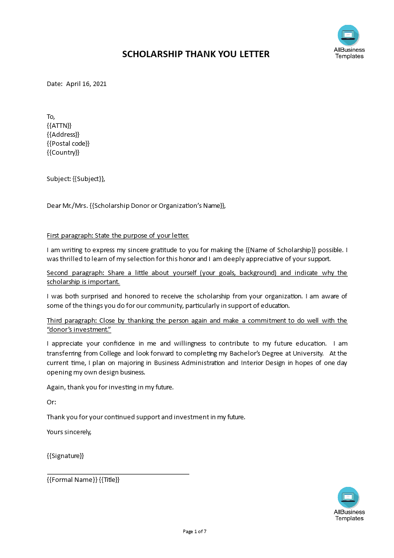 scholarship thank you letter format voorbeeld afbeelding 