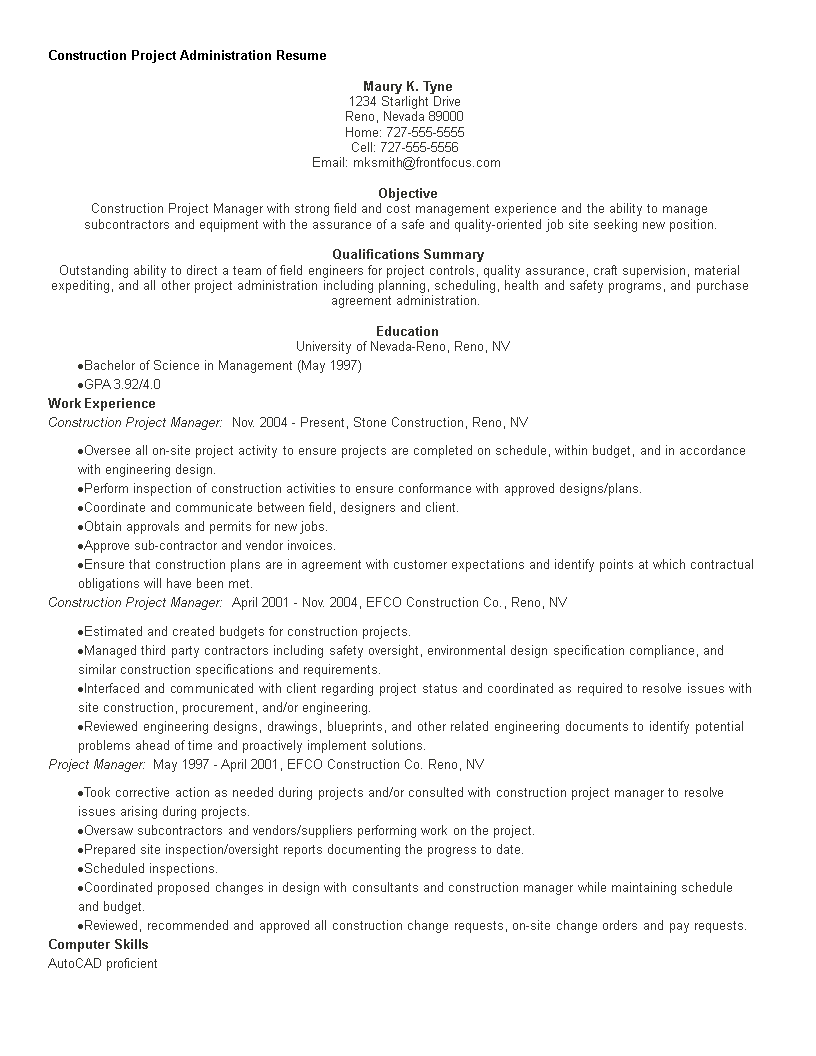 construction project administration resume template