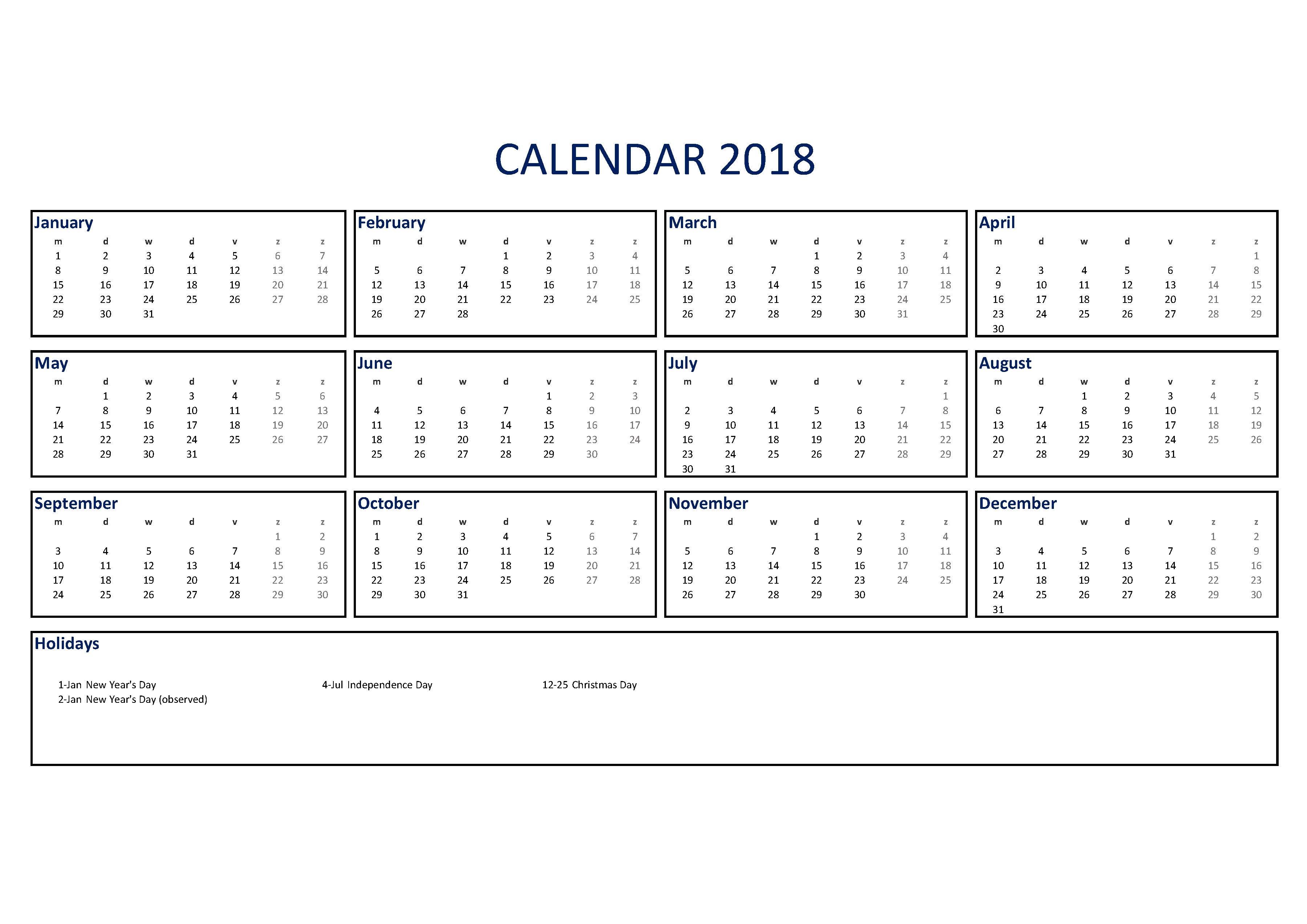 2018 calendar excel a3 size voorbeeld afbeelding 