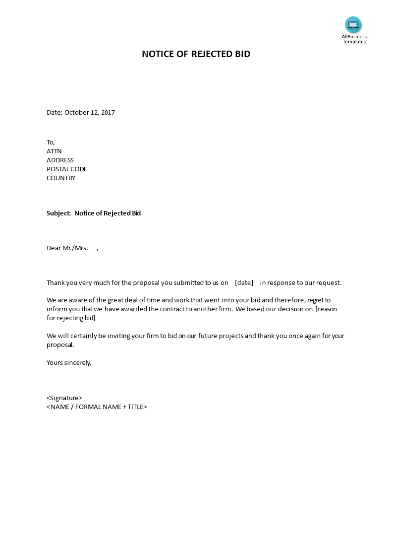 Notice Of Rejected Bid main image