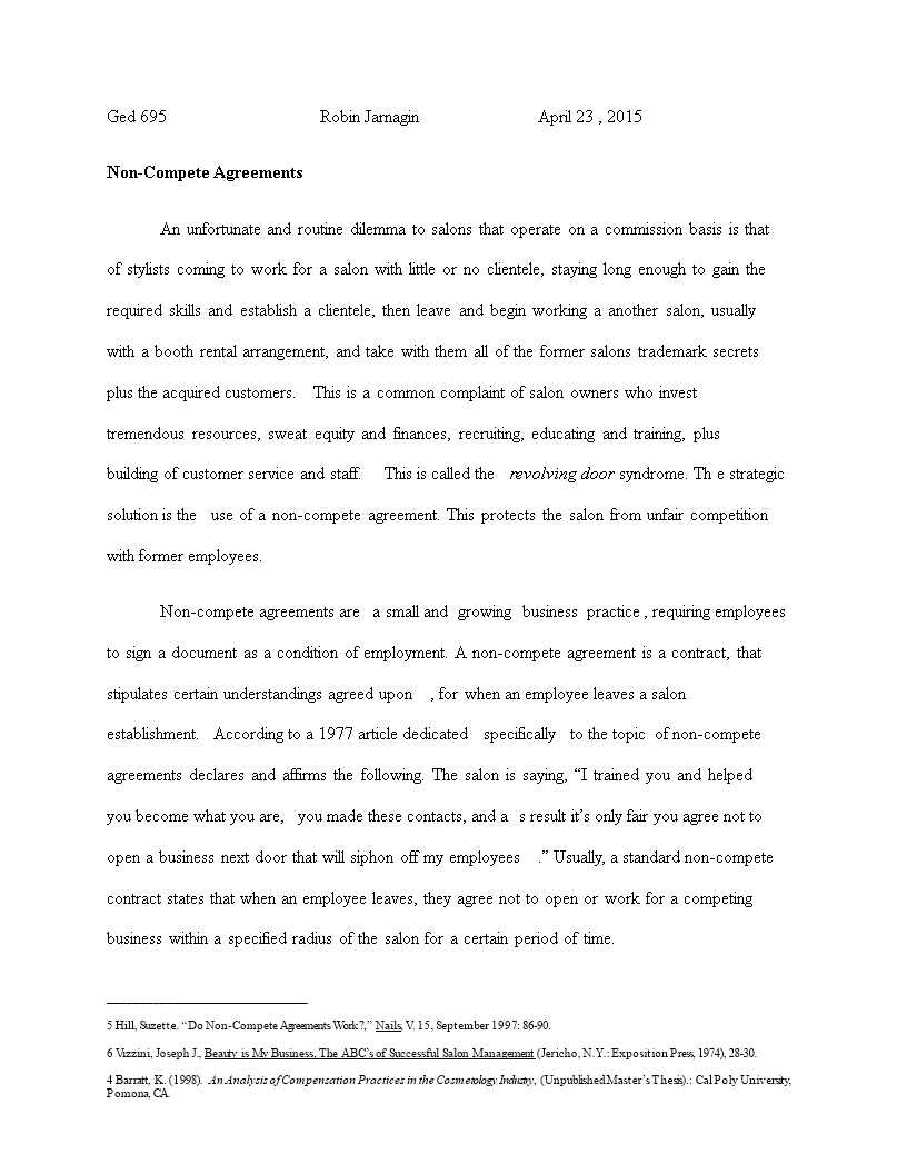 salon non-compete agreement sample template