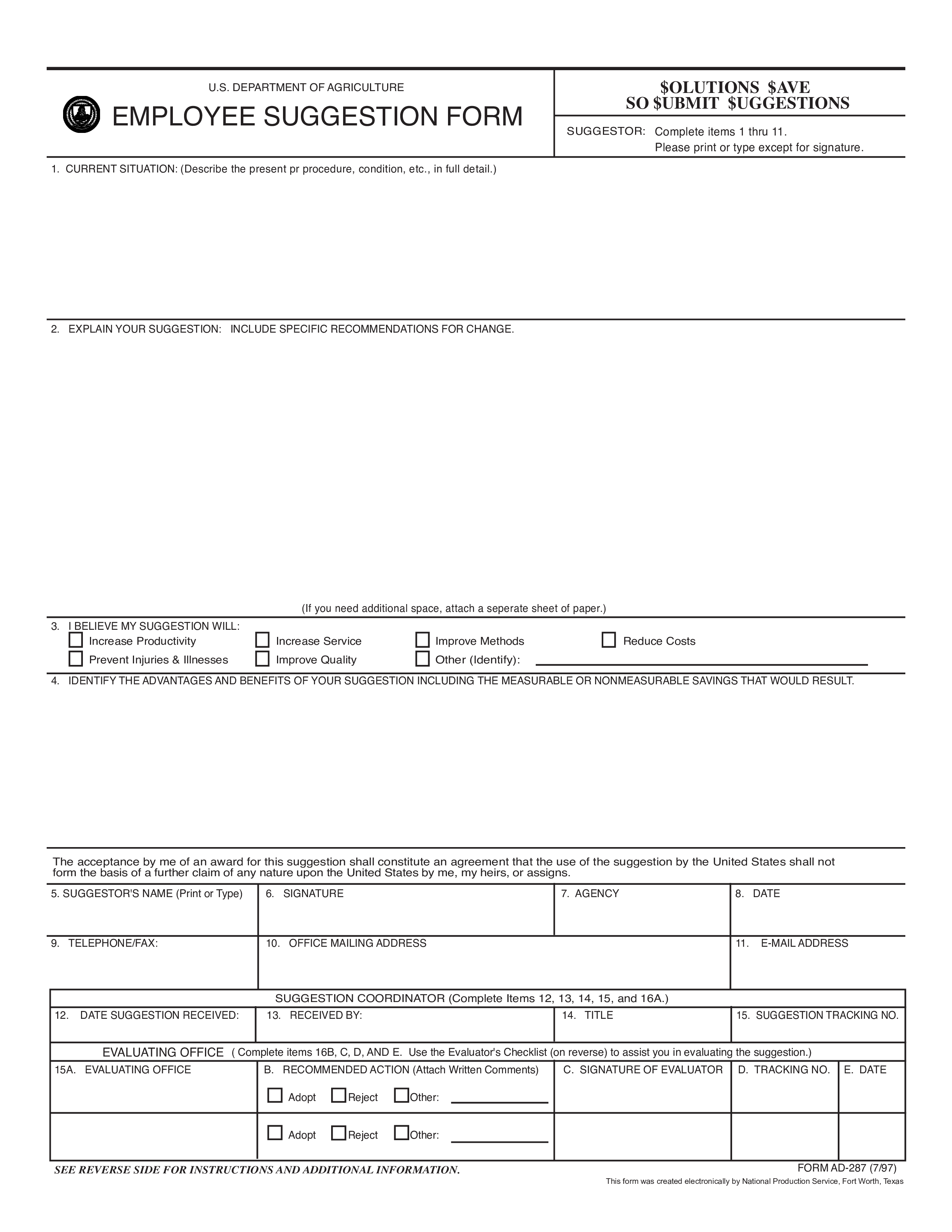 Employee Suggestion Evaluation Form Sample 模板
