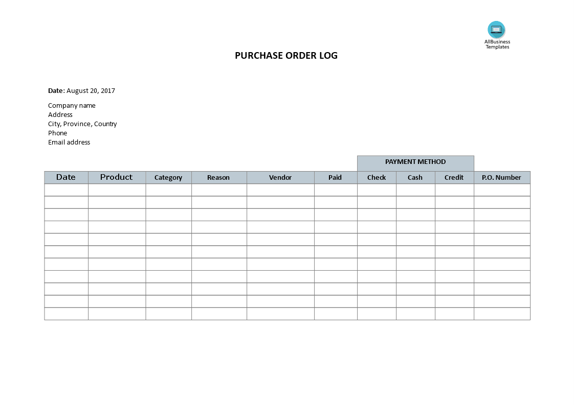 purchase order log template