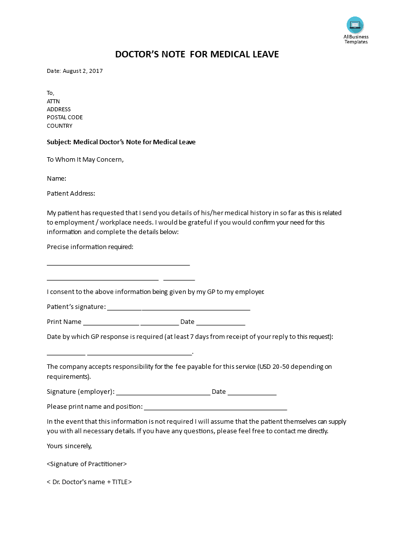 medical doctor note for medical leave template