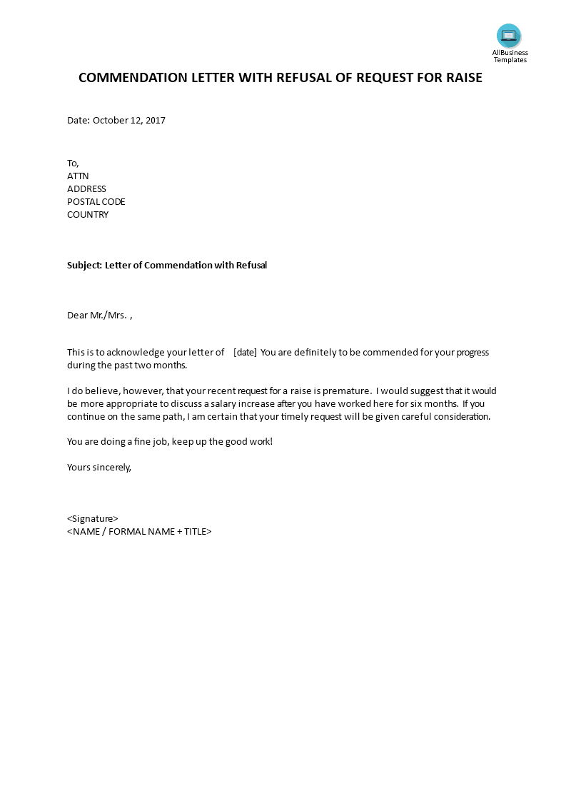 commendation letter with refusal of request for raise voorbeeld afbeelding 