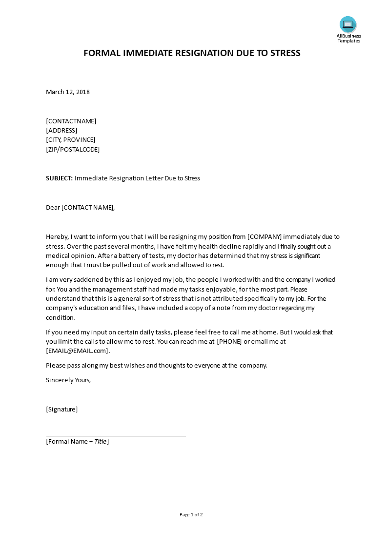 Immediate Resignation Letter Due to Stress by Employee main image