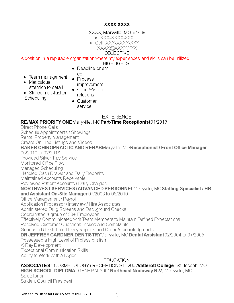 Part Time Receptionist Resume main image